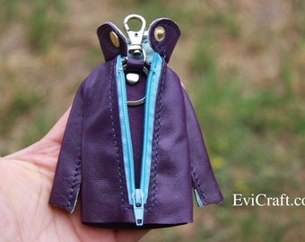 SALE - Leather jacket key case, handmade leather gift, key holder, violet key chain, purple, blue, bag accessories, unique and OOAK