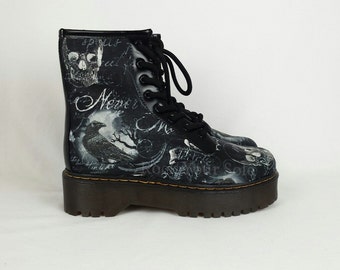 Gothic boots, custom shoes, crow shoes, raven custom shoes, skull boots, steampunk women shoes, alternative clothing, rockabilly shoes, goth