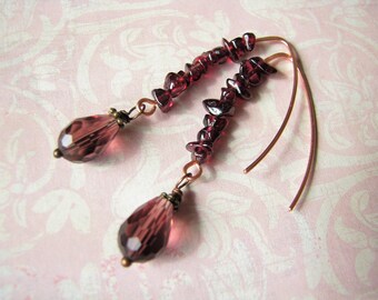 Garnet earrings Mother gift for her Raw Stone earrings Dangle earrings Boho earrings Copper earrings Ruby Earrings January Birthstone gift