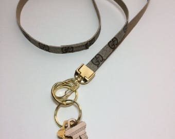 Gucci Lanyard, Gucci Keychain, Recycled, Upcycled, Repurposed, Reworked, Tan or Navy Gucci Key Fob with Gold Hardware,