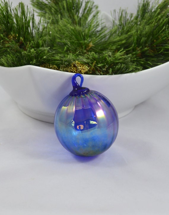 Vintage Iridescent Blue Glass Ball Christmas Ornament