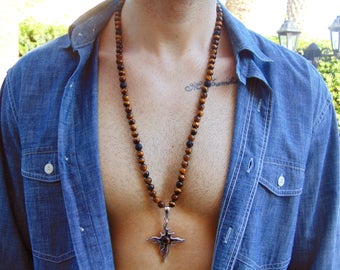Men's Tiger Eye Beaded Necklace,Mens Stainless Steel Cross Necklace,Mens crucifix,Mens cross necklace,Cross Necklace,Surfer Necklace