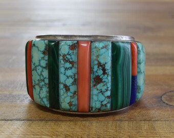 Amazing Vintage Navajo Sterling Silver Corn Row Inlay Cuff Bracelet by Saunsa