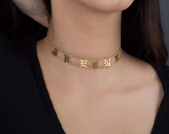 Yellow Gold Choker Old english font silver, Old english font silver name choker 925 sterling silver choker personalized necklace