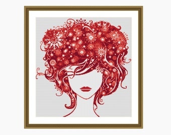 Cross Stitch Pattern, Modern Cross Stitch, RED LADY cross stitch chart - Instant download PDF
