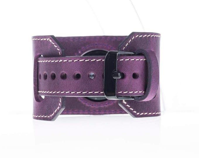 Apple Watch Band Genuine Leather Watch-Cuff Band, Wife Gift, Cuff Leather Band 38mm 42mm for Series 1 and Series 2 in AnticPurple BLACK pins