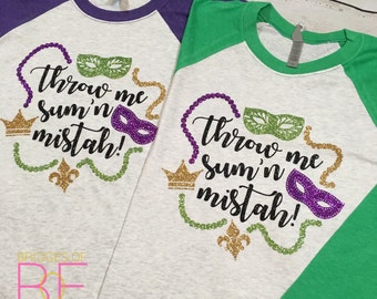 Mardi Gras Glitter Throw Me Something "Throw Me Sum'n Mistah!" 3/4 Sleeve Raglan Baseball Tee (Unisex)