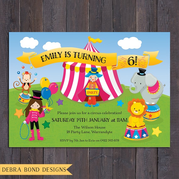 Birthday Invitation Girl Digital Printable Circus Invitation