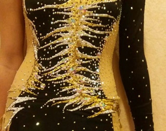 Made To Measure Rhythmic Gymnastic Leotard Black Gold white colors 3000+ crystals