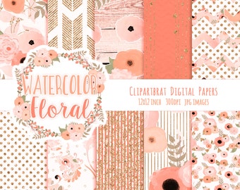 PEACH WATERCOLOR FLORAL Digital Paper Pack Peach & Rose Gold Metallic Commercial Use Digital Paper Wood Arrow Bohemian Wedding Digital Paper