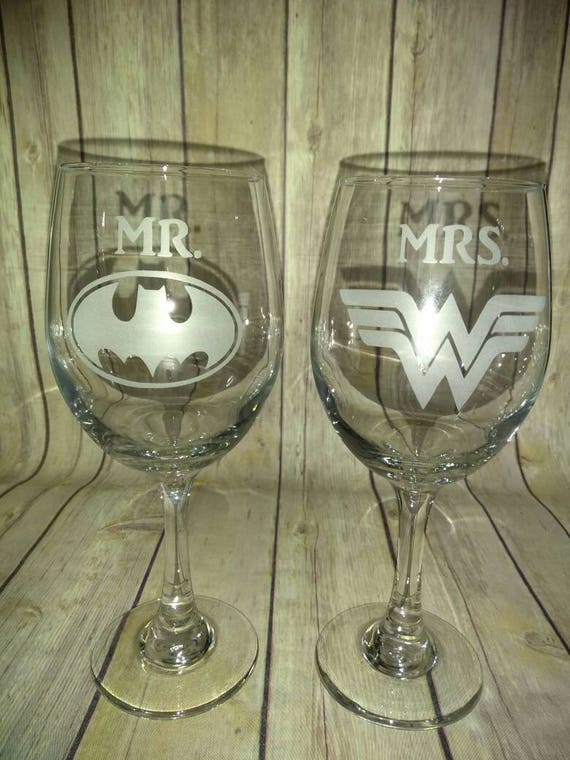 Batman Wonder Woman Wine Glasses Mr and Mrs Hand Etched