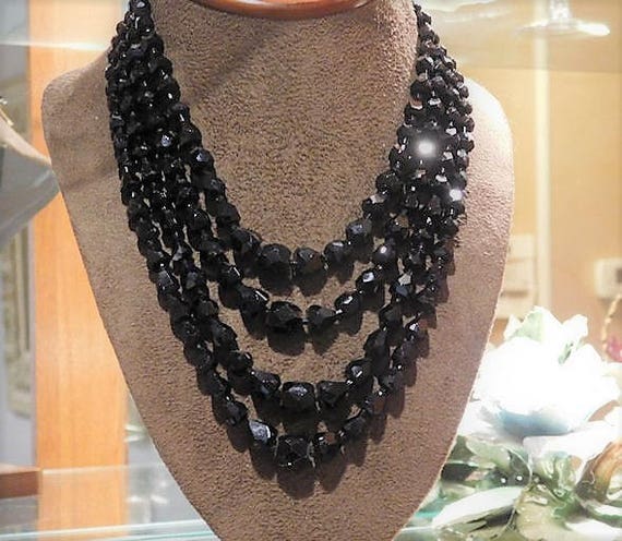 French Jet Black Glass Necklace Choker Mid Century 1950s Geometric Beads Beaded MOD Modern Quadruple Strand JAPAN Mourning Gothic Jewelry