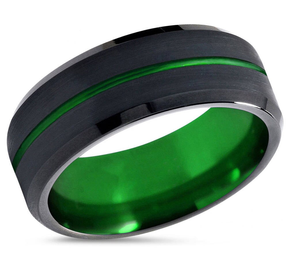Tungsten Ring Mens Black Green Wedding Band Tungsten Ring