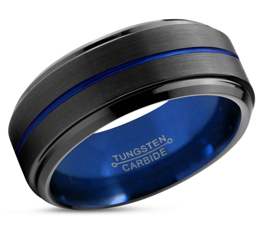 Tungsten Ring Mens Blue Black Wedding Band Tungsten Ring