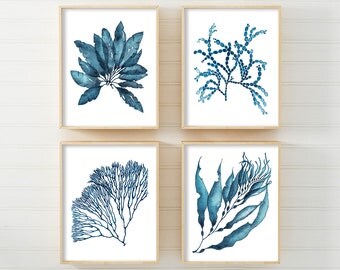 Coral Print Set, Wall Art, Prints, Coral, Seaweed, DIGITAL DOWNLOAD Watercolor Art, Navy Blue, Nautical Prints, Wall Art, Australian Art