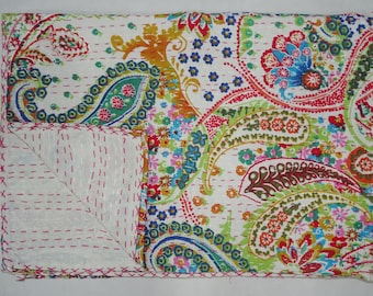 Indian New Cotton Kantha Quilt Twin Size Bedsheet Beautiful Handmade Paisley Design Bedspread Throw Indian White Floral Bedcover