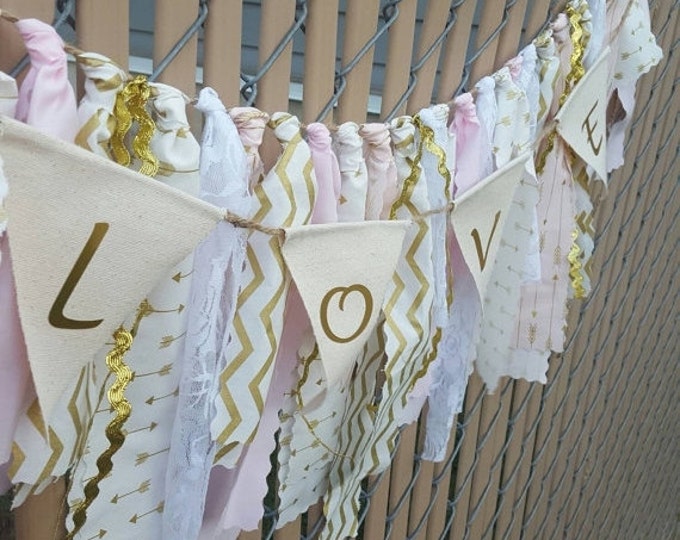 15% off Handmade happy birthday bunting banner with fabric banner for nursery baby shower pink gold tutu pink gold high chair banner gold