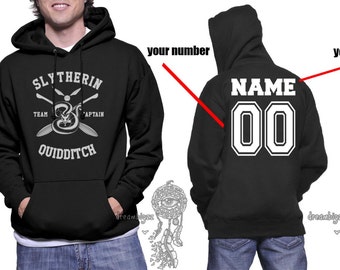 CAPTAIN - Custom back, Slytherin Quidditch team Captain White print printed on BLACK Hoodie