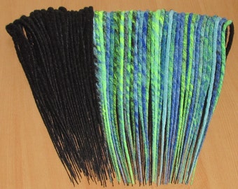 synthetic dreads, burning man, black double ended dreadlocks with electric blue, sky blue, UV Yellow dreads with colour are harlequin