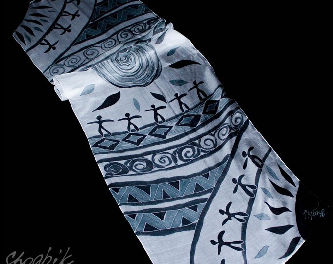 Hand Painted Silk Scarf - Batik - Armenian silk scarf - Cave Drawings - Black, White, Grey - Gift