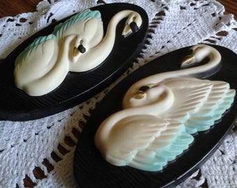 Swan Plaques, Miller Studio Chalkware Pair of 60s Pair of Oval Swan Plaques