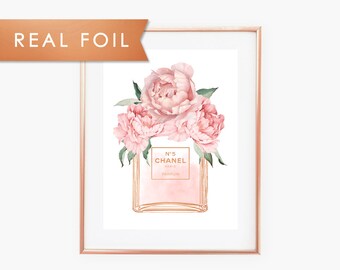 Chanel No 5 Bottle Blush Pink Peonies Real Foil Art Print 11x14, 8x10, 5x7