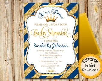 Baby Shower Invitation, Boy, Prince, Blue and Gold, Diagonal Stripes, INSTANT download, EDITABLE in Adobe Reader, DIY, Printable, 5"x7"
