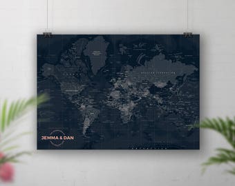 Push Pin World Map, Push Pin Travel Map, World Map Push Pin, Navy World Map, Personalised Travel Map, Bucket list map, Places We've Been map