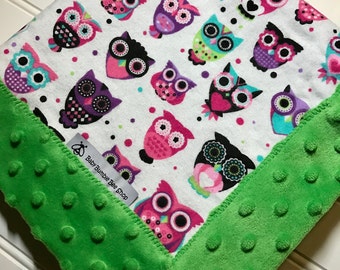 Baby Lovey Blanket- Owls with Green Minky -Flannel and Minky- Security Blanket- Mini Blanket- 19x19