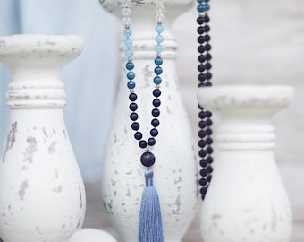 Matte Hand-knotted Mala Beads, Aquamarine Mala Necklace with Large Lava Stone Guru Bead and Silk Tassel, Bohemian 108 Mala, Yoga Jewelry