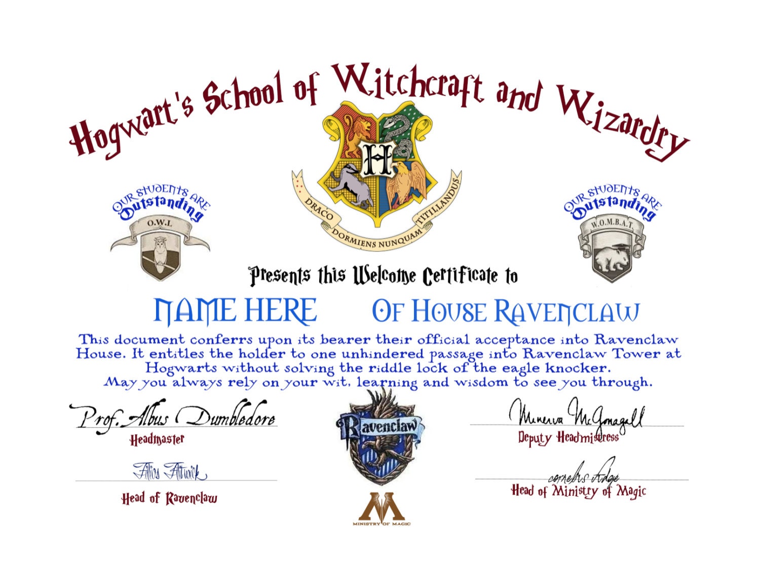 Hogwarts House Acceptance Certificate