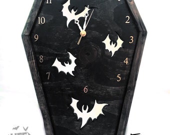 Coffin Bat Clock, Coffin Clock, Bat Clock, Gothic Clock, Clock, Bat, Gothic, Gothic Furniture, Horror, Horror Decor, Gothic Decor
