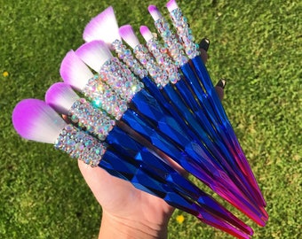 Set of 9 Vegan Unicorn Assorted Makeup Brush Set w/ Iridescent Crystals