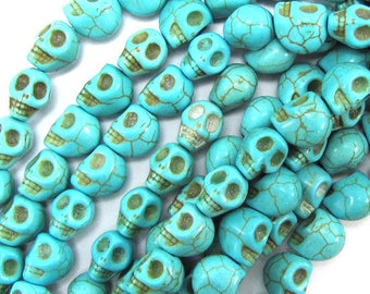 8x10mm blue turquoise carved skull beads 15.5" strand 31425