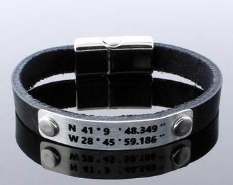 Personalize Leather Bracelet, Coordinate Bracelet, Personalize Gift, Personalize Men Gift, Custom Coordinates, Latitude Longitude, Mens Gift