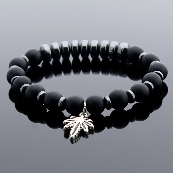 Mens Onyx Bracelet Cannabis Bracelet Pot Leaf Jewelry Pot