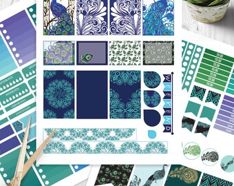Peacock printable planner stickers, BIG MAMBI Happy planner, Weekly Kit, Printable Sampler, Peacock Feathers big happy Instant download