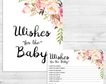 Wishes For Baby, Boho, Floral, Watercolor, Baby Shower Games, Wishes For Baby Sign, Instant Download