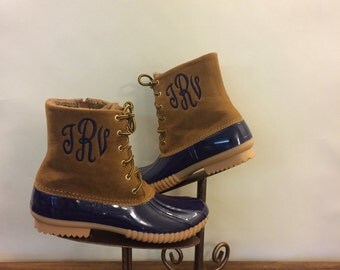SALE 27.00 DUCKBOOTS, Navy/Tan Suede, adult Duck Boots, Rain Boot, Boat-Shoe Style, Shoes,Two Tone,Half Size Small