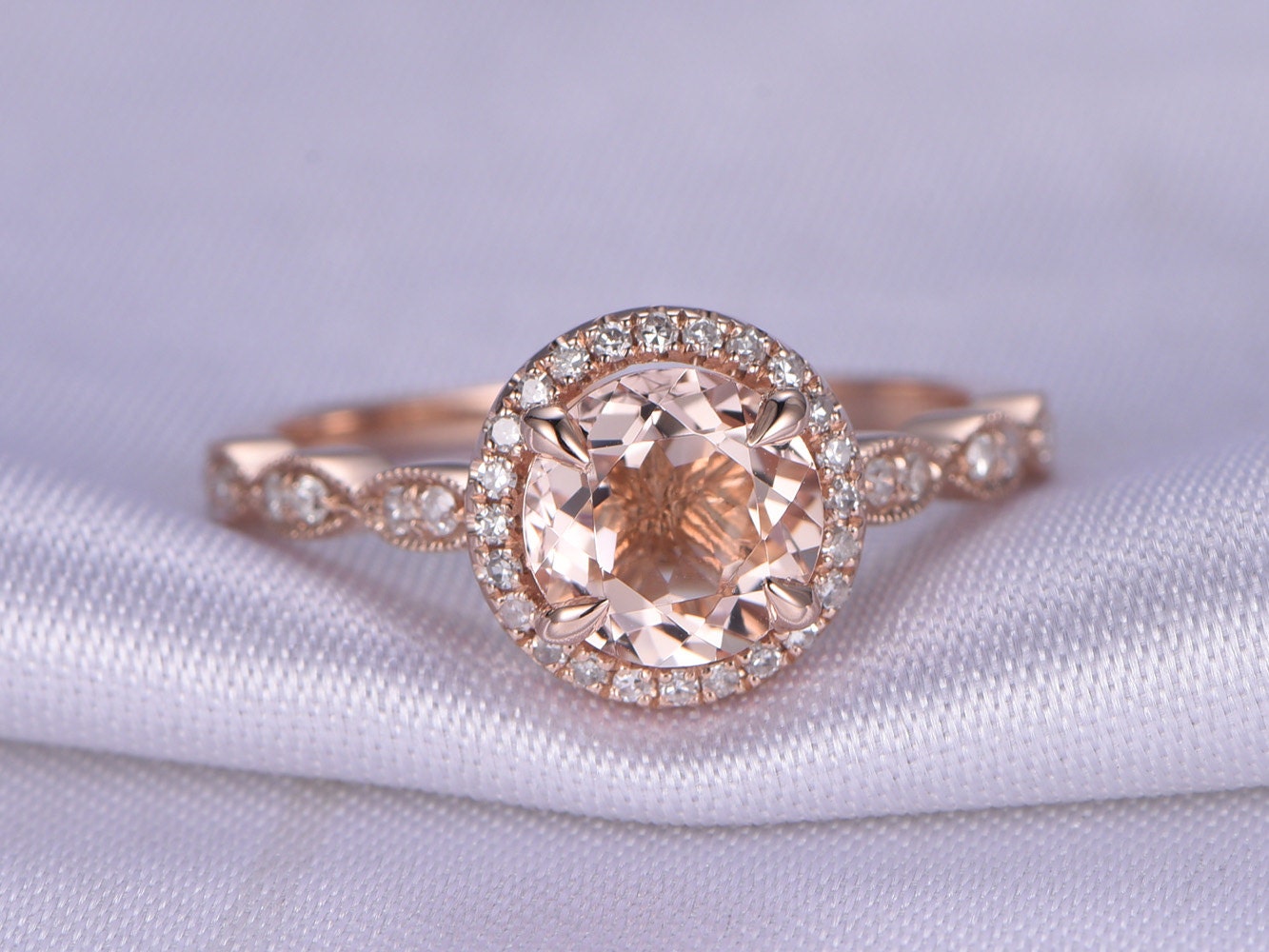 Pink morganite Engagement ring14k Rose gold7mm Round