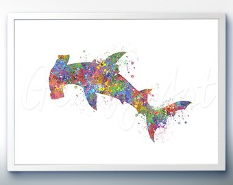 Hammerhead Shark Sea Animal Watercolor Art Print - Watercolor Painting - Sea Life Watercolor Art Painting - Home Decor - House Warming Gift