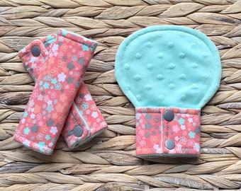 Baby Girl Car Seat Strap Cover Set, Belly Pad or Guard, Coral, Grey and Mint Floral Padded Baby Seatbelt Cover Set, Child Stroller or Pram