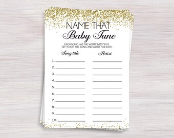 Name that Baby Tune, Funny Baby Shower Games, Black White Gold Baby shower ideas, Girl, Boy Baby shower Activity, Baby song game, Activities