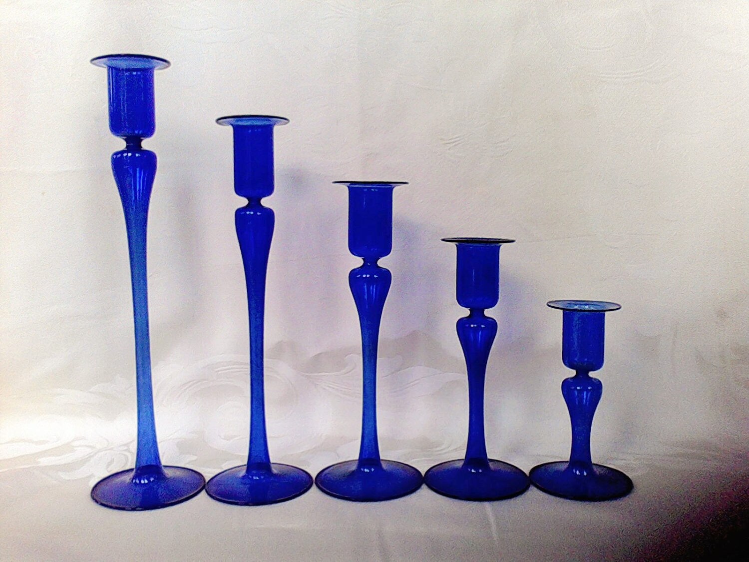 5 candle holders cobalt blue hand blown candle sticks