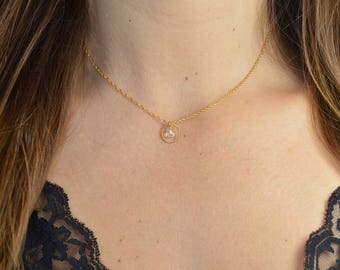 Circle in Gold filled necklace yellow gold 14 Carat and rock crystal