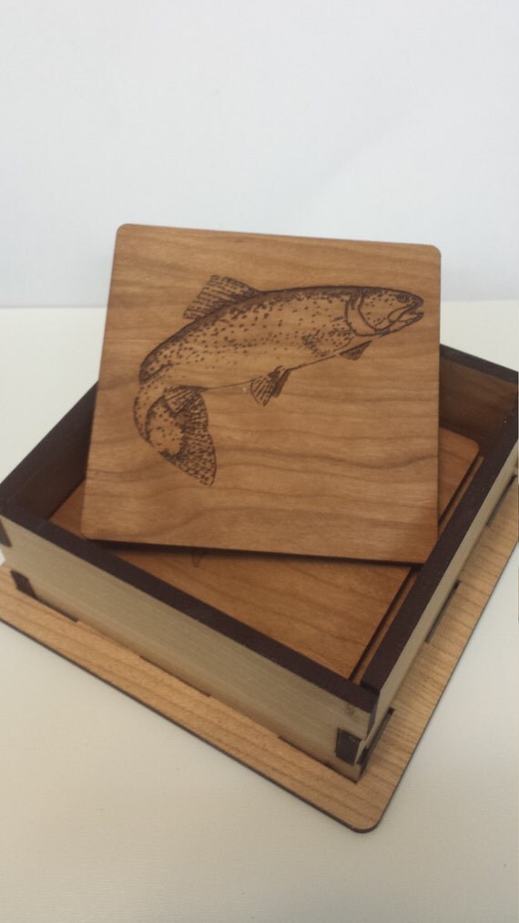 Cherry wood laser engraved trout coaster set with box