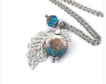 stainless steel necklace, surgical steel necklace, flower necklace, hypoallergenic necklace, Swarovski pearl necklace, leaf necklace