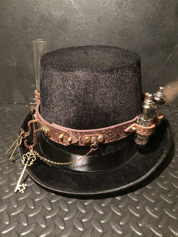 Steampunk Top Hat, Distressed Leather Band With Mini Apothecary Jars, Vintage Valves, Test Tube, Brass Cogs Vintage Style Keys by Steampunkbyben steampunk buy now online