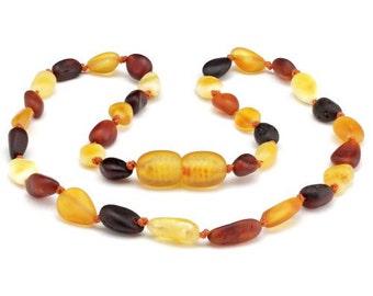 Baltic AMBER TEETHING NECKLACE - Raw Multi-Colour, Bean Bead - 32cm
