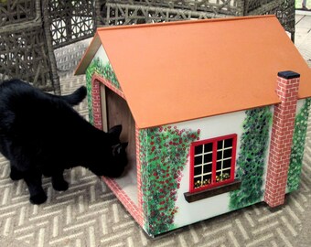 Small dog house, Cat house/Cottage 18 Tall x 16" wide X 19" Deep 10" X 11" doorway
